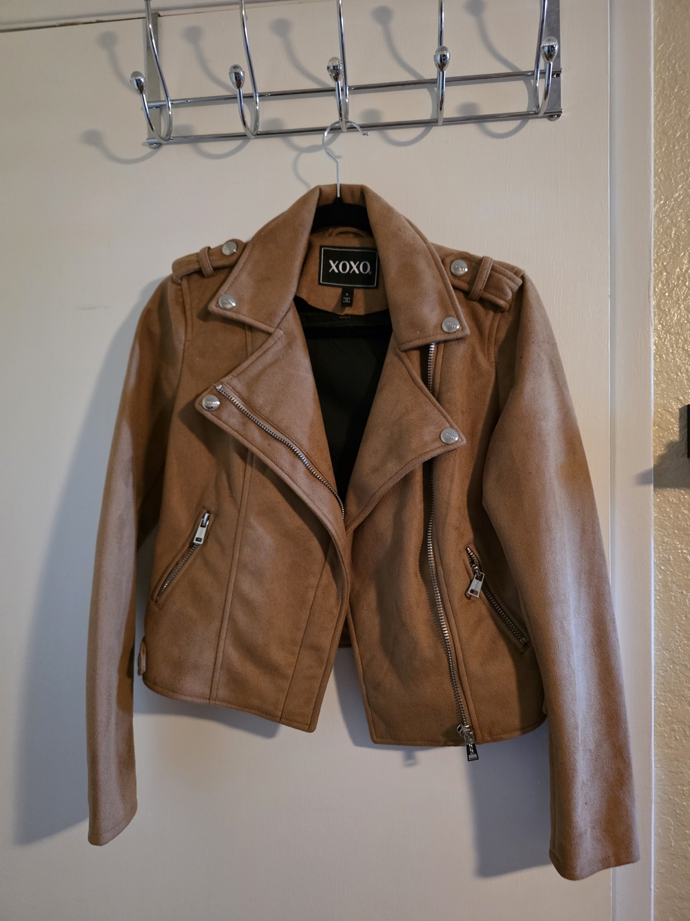 XOXO Women's Camel Faux Suede Moto Jacket